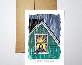 Wish You Were Here - Blank Inside Greeting Card (5x7) - Grim Greetings by Rob Ozborne