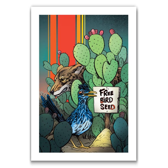 ROADRUNNER COYOTE - Free Bird Seed - Western Art Print by Rob Ozborne