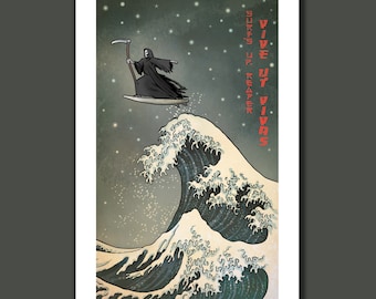 SURFS UP REAPER - Grim Reaper Surfing - Great Wave Big Surf Art Print 11x17 by Rob Ozborne