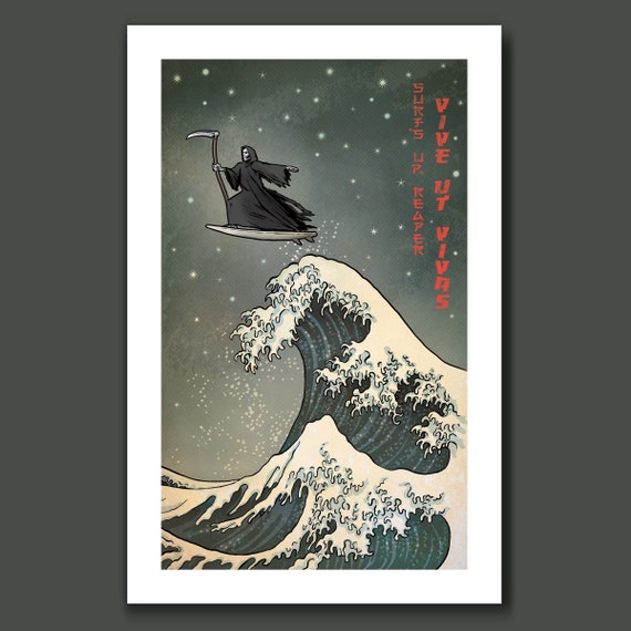 SURFS UP REAPER - Grim Reaper Surfing - Great Wave Big Surf Art Print 11x17 by Rob Ozborne