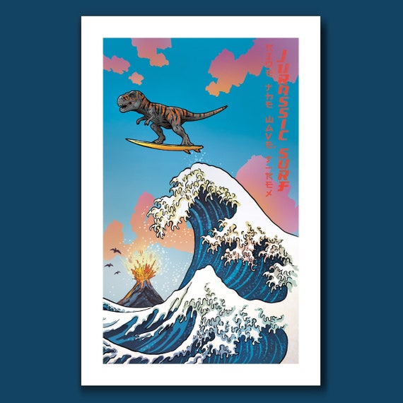 SURFS UP T-REX - New Edition - Great Wave Big Surf Dinosaur Tyrannosaurus Rex Art Print 11x17 by Rob Ozborne