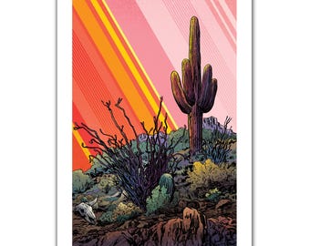PINK DESERT - Saguaro and Ocotillo - 13x19 Art Print by Rob Ozborne