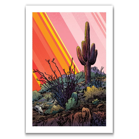 PINK DESERT - Saguaro and Ocotillo - 13x19 Art Print by Rob Ozborne