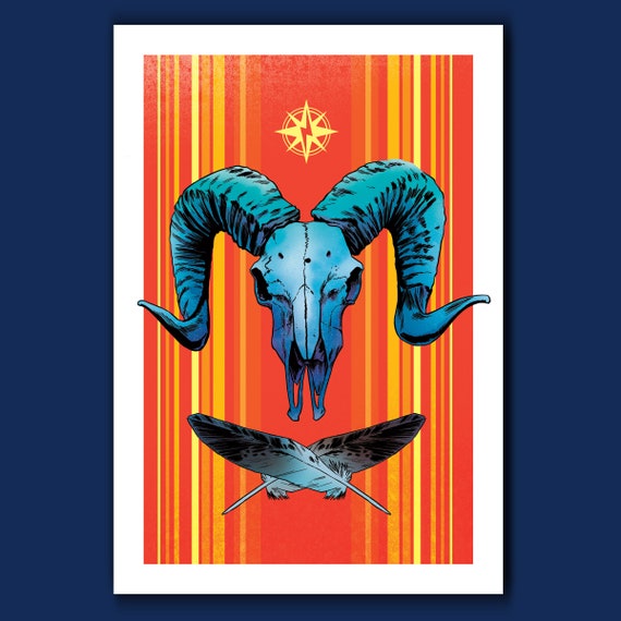 RAM SKULL and FEATHERS - 13x19 Art Print by Rob Ozborne