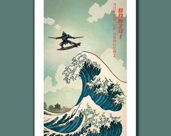 SURFS UP SAMURAI - Great Wave Big Surf Art Print 11x17 by Rob