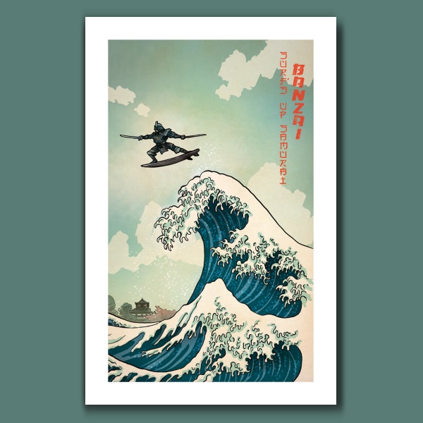 SURFS UP SAMURAI - Great Wave Big Surf Art Print 11x17 by Rob Ozborne