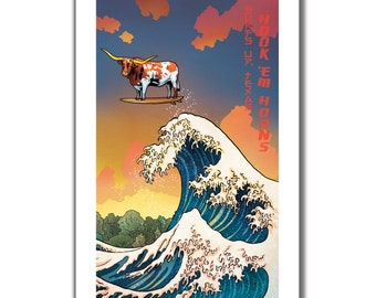 SURFS UP LONGHORN - Texas Edition - Great Wave Art Print 11x17 by Rob Ozborne