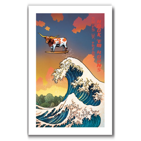 SURFS UP LONGHORN - Texas Edition - Great Wave Art Print 11x17 by Rob Ozborne
