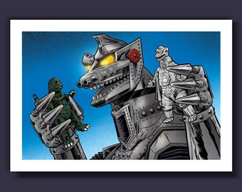 MECHAGODZILLA PLAYS - Action Figures and Villains - 13x19 Limited Edition Art Print by Rob Ozborne