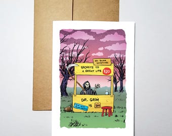 Secrets To A Great Life - Blank Inside Greeting Card (5x7) - Grim Greetings by Rob Ozborne