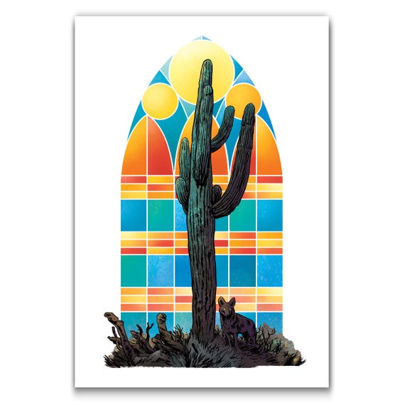 SAGURO CATHEDRAL - Coyote and Stained Glass - Modern Western Art Print by Rob Ozborne