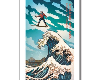 SURFS UP COWBOY - Wild West Gunslinger Surfing - Great Wave Big Surf Art Print 11x17 by Rob Ozborne