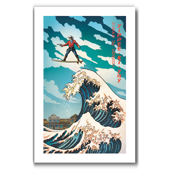 SURFS UP COWBOY - Wild West Gunslinger Surfing - Great Wave Big Surf Art Print 11x17 by Rob Ozborne