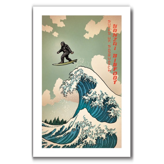 SURFS UP SASQUATCH - Great Wave Big Surf Art Print 11x17 by Rob Ozborne