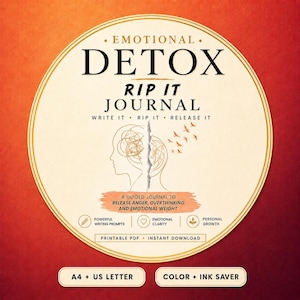 May include: A circular journal cover titled Emotional Detox Rip It Journal with the text Write It Rip It Release It. It features a line art illustration of a head split in two with birds flying out, plus text about releasing anger and emotional weight.