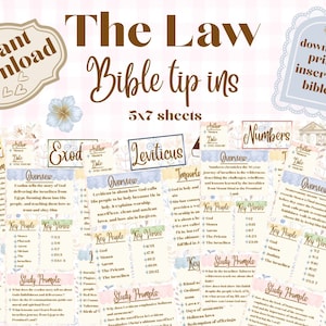 May include: A collection of 5x7 inch Bible tip-ins featuring the text The Law Bible tip ins, instant download, download, print, insert in bible, and book titles including Genesis, Exodus, Leviticus, Numbers, and Deuteronomy with study prompts.