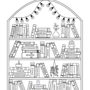 May include: A black and white line art illustration of a bookshelf titled Books of the Bible. The shelves are filled with books labeled with the names of biblical books, interspersed with decorative items like a string of lights, a plant, and a candle.