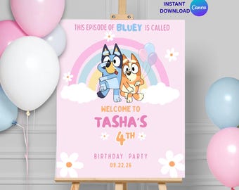 Plantilla editable para cartel de bienvenida de cumpleaños de Bluey