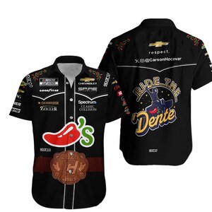 May include: Black button-up shirt featuring a Chili's logo and the text "2026 Chili's". The shirt also displays sponsor logos and the phrase "Ride the Dente". The back of the shirt has the text "respect. X@CarsonHocevar".