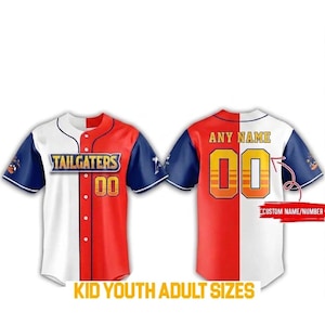 May include: A baseball jersey with a white, red, and blue color scheme. The front of the jersey has the word "TAILGATERS" and the number "00". The back of the jersey has the text "ANY NAME" and the number "00". The jersey is available in kid, youth, and adult sizes.
