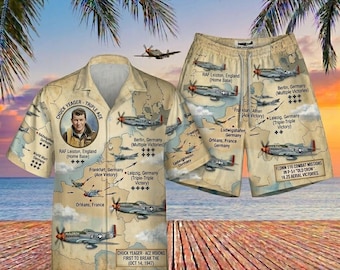 Conjunto hawaiano Chuck Yeager P-51 Mustang, camiseta y pantalones cortos en homenaje al primero en romper la barrera del sonido, ropa de piloto as de la Segunda Guerra Mundial, regalo de aviación vintage