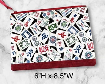 Mahjong Zipper Card Bag, Red Border and Lining, Handmade