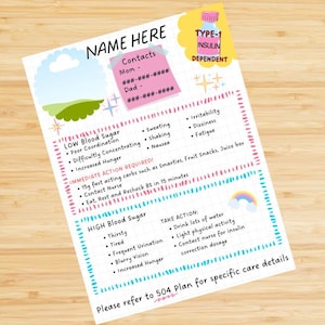 May include: A medical information sheet titled NAME HERE with sections for emergency contacts, low blood sugar symptoms, and high blood sugar symptoms. It features a pink insulin bottle graphic labeled TYPE-1 INSULIN DEPENDENT and a rainbow illustration.