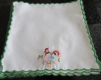Vintage Linen Napkins 12 Twelve Embroidered Flowers Green Blue Pink Brown Spring Cotton Hand Cross Stitch
