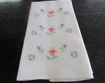 Pastel Cross Stitch Hand Towel White Linen
