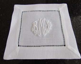 6 White Cocktail Napkins Linen Monogrammed BMH Hemstitched