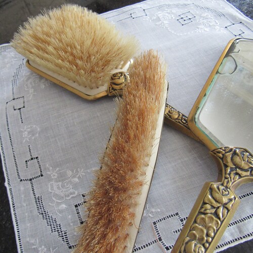 Petit Point Hair Brush, Mirror and shops Comb Vanity Set/Vintage