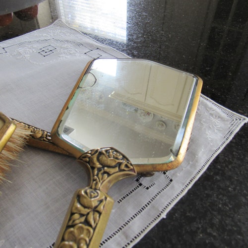 Petit Point Hair Brush, Mirror and shops Comb Vanity Set/Vintage