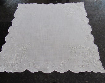 White Wedding Handkerchief with Embroidered Edge Vintage