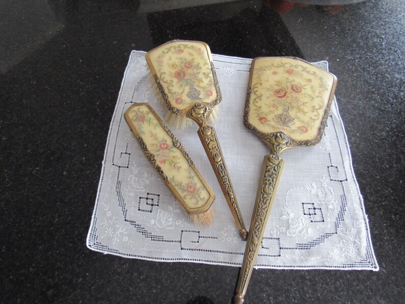Petit Point Hair Brush, Mirror and shops Comb Vanity Set/Vintage