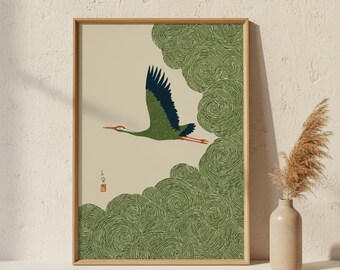Póster japonés vintage de grullas / Arte mural japonés de grullas / Grabado en madera Ukiyo-e / Arte mural de nubes zen / Decoración asiática Japandi