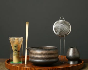 Juego de té Matcha japonés / Kit para ceremonia del té Matcha / Juego de té hecho a mano / Juego de cuenco Matcha único / Juego de té japonés - Textura efecto bronce