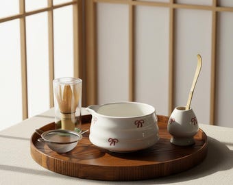 Juego de té matcha japonés / Kit para ceremonia del té matcha / Juego de té hecho a mano / Juego de cuenco matcha único / Juego de té japonés - Blanco con lazo rojo