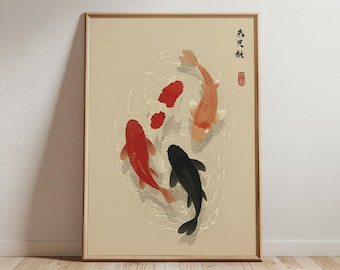 Japanese Koi Fish Poster | Minimalist Zen Asian Wall Art | Japandi Watercolor Painting | Japanese Pond Wall Decor | Modern Oriental Print