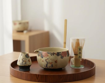 Juego de té Matcha japonés / Kit para ceremonia del té Matcha / Juego de té hecho a mano / Juego de cuenco Matcha único / Juego de té japonés - Flor y gato