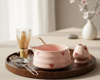 Juego de té Matcha japonés / Kit para ceremonia del té Matcha / Juego de té hecho a mano / Juego de cuenco Matcha único / Juego de té japonés - Corazón rosa