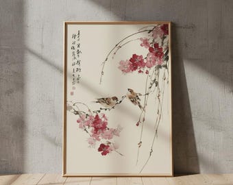 Póster de flores de cerezo japonesas / Arte mural de aves asiáticas / Lámina de naturaleza zen / Decoración japonesa para el hogar / Lámina floral oriental