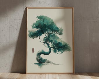 Póster japonés vintage de árbol / Arte mural de paisaje montañoso zen, lámina minimalista de naturaleza.