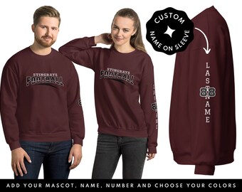 May include: Burgundy sweatshirt with the text "Stingrays Football" on the front and a space for a custom name and number on the sleeve.