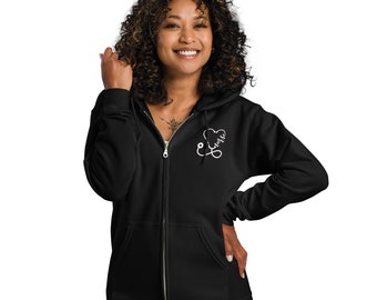 May include: Black zip-up hoodie with a white heart and stethoscope design that says "Nurse".