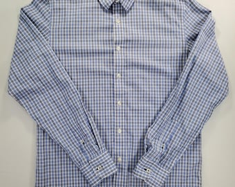 Camisa UNTUCKit Durif sin arrugas, talla M, azul a cuadros, algodón, estilo preppy casual.