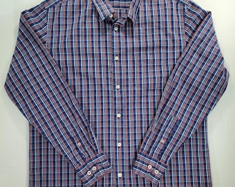 Camisa de hombre UNTUCKit de corte ajustado con botones, talla XL, a cuadros azules y rojos, de algodón, estilo preppy.
