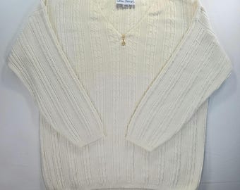 Jersey de punto trenzado con cuello en V para mujer Cotton Forever Vintage, talla M, color crema, estilo preppy de los 90.