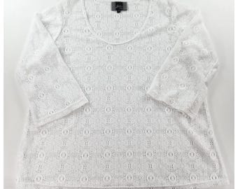 Slinky Brand White Lace Blouse L Floral Medallion 3/4 Sleeve Tunic Top
