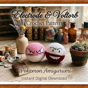 Può includere: Un modello all'uncinetto per Electrode & Voltorb Pokemon Amigurumi. L'immagine mostra due palline all'uncinetto, una rosa e bianca, l'altra bianca e rossa, con facce ricamate. Il testo dice "Download digitale istantaneo".