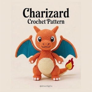 Patrón de ganchillo de dragón Charizard en PDF / Peluche amigurumi de Pokémon fácil / Juguete infantil adorable y friki, ideal para principiantes / Patrón de anime